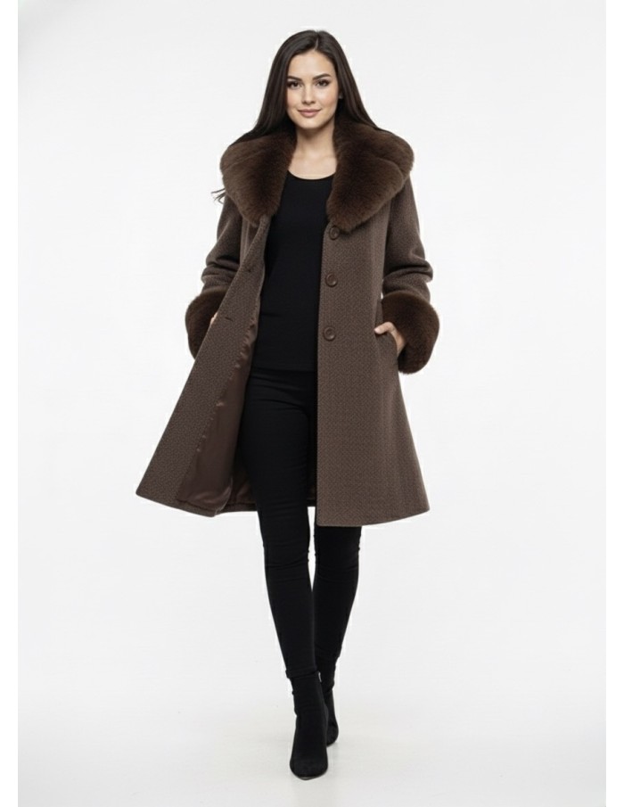 Manteau marron avec Col et Poignets Fourrure - FEMME