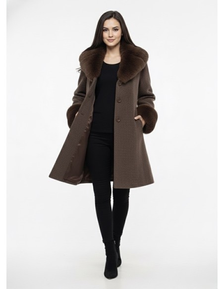 Manteau marron avec Col et Poignets Fourrure - FEMME
