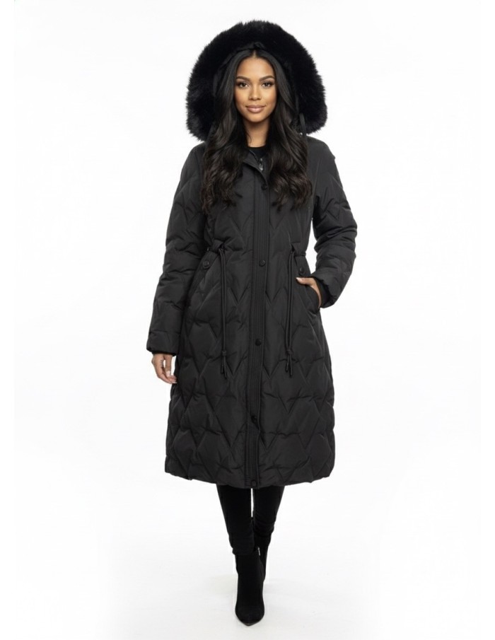 Doudoune Longue Noir avec Capuche Fourrure - FEMME