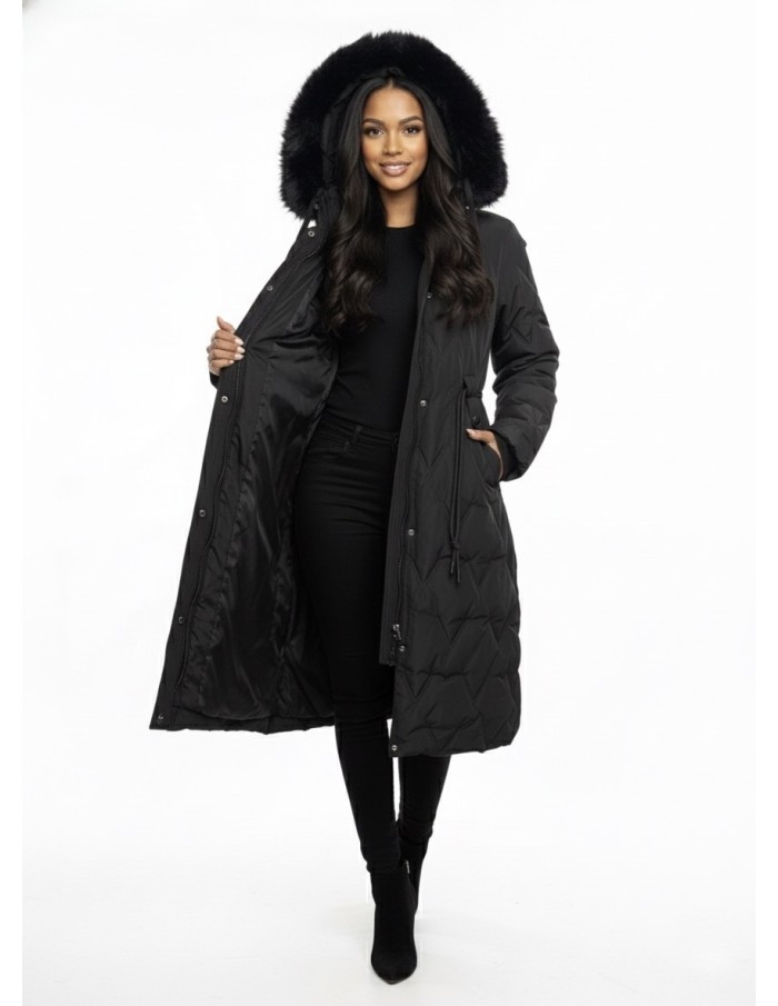 Doudoune Longue Noir avec Capuche Fourrure - FEMME