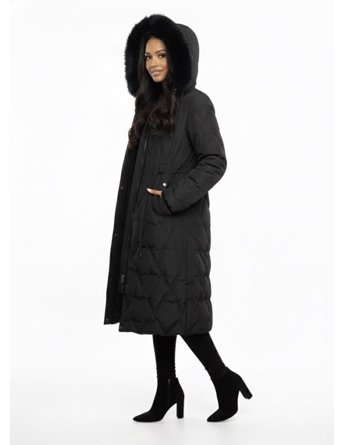Doudoune Longue Noir avec Capuche Fourrure - FEMME