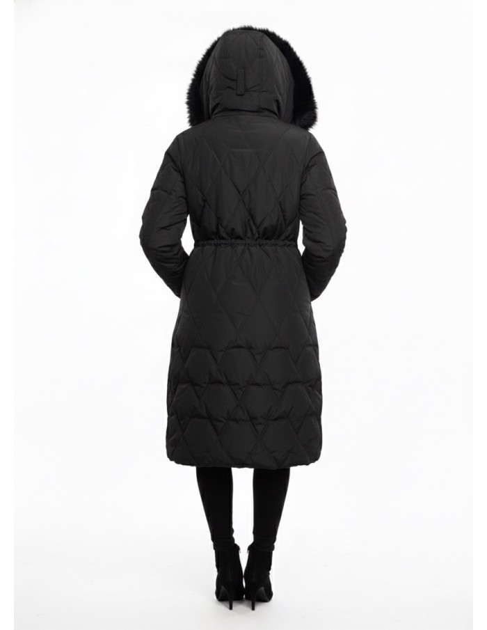 Doudoune Longue Noir avec Capuche Fourrure - FEMME
