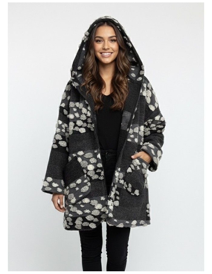 Veste en Laine à Capuche Gris/Noir - FEMME