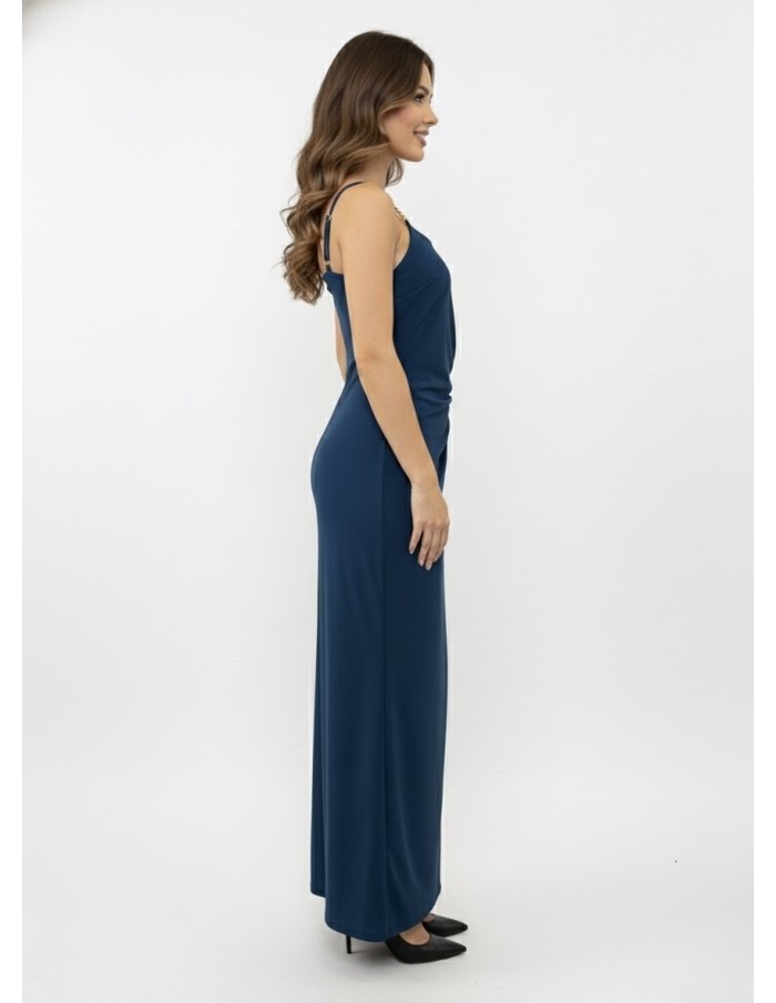 Robe Longue Bleu Bretelles Bijoux & Drapé - FEMME