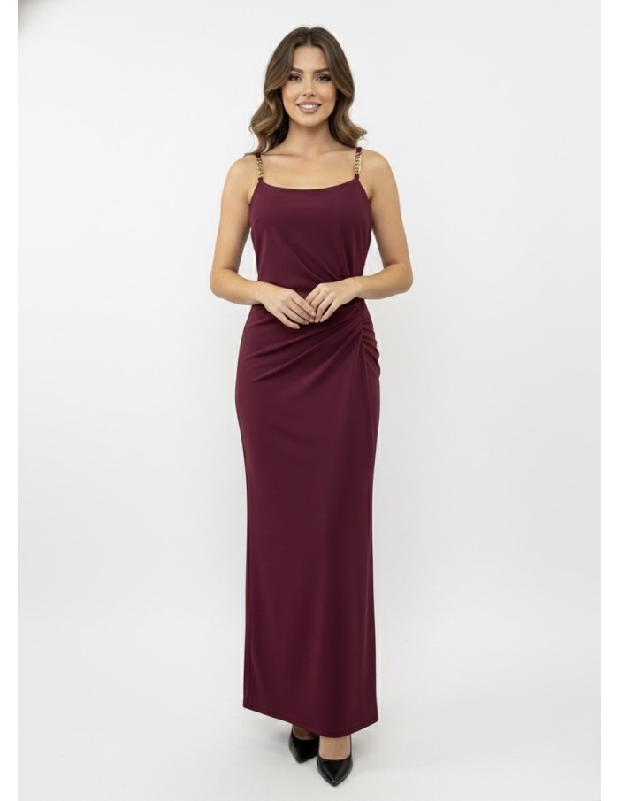 Robe Longue Bordeaux Bretelles Bijoux & Drapé - FEMME