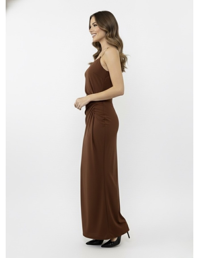 Robe Longue MARRON Bretelles Bijoux & Drapé - FEMME