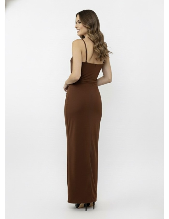 Robe Longue MARRON Bretelles Bijoux & Drapé - FEMME