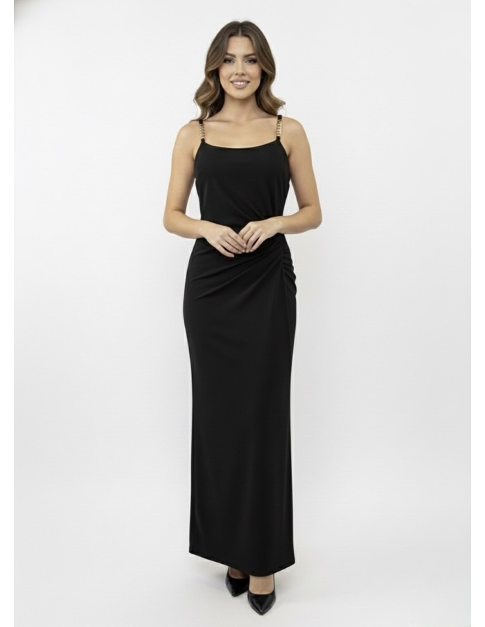 Robe Longue noir Bretelles Bijoux & Drapé Élégant - FEMME