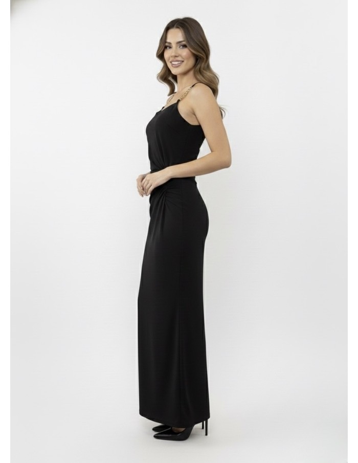 Robe Longue noir Bretelles Bijoux & Drapé Élégant - FEMME