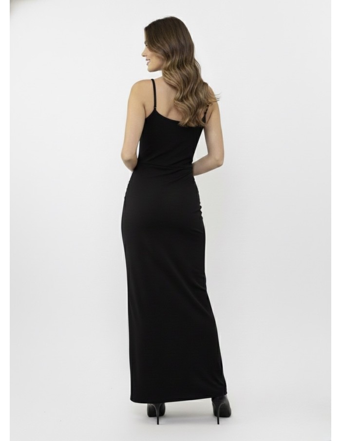 Robe Longue noir Bretelles Bijoux & Drapé Élégant - FEMME