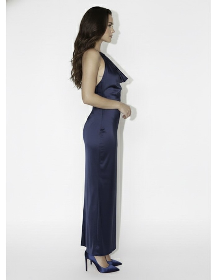 Robe Longue Satinée Bleu Nuit Col Drapé - FEMME