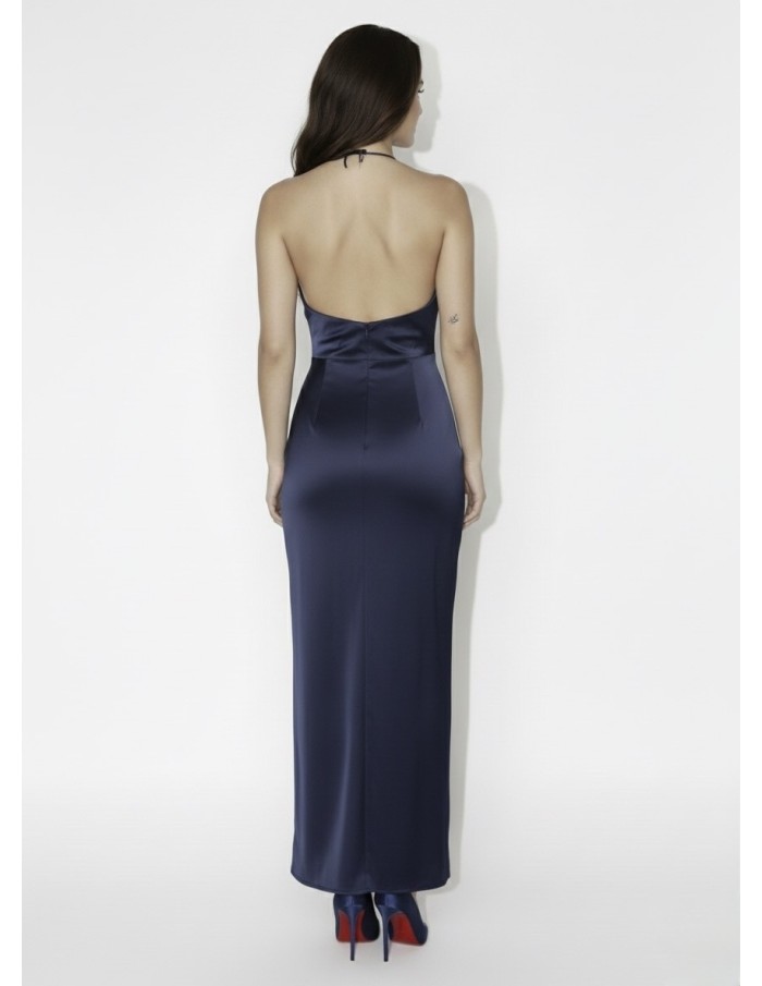 Robe Longue Satinée Bleu Nuit Col Drapé - FEMME