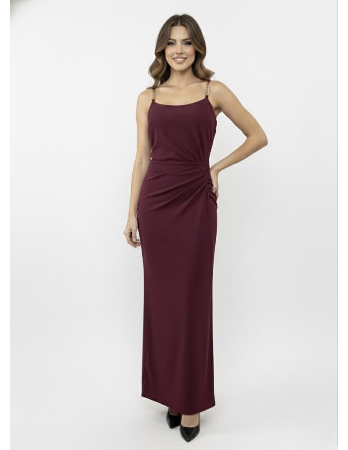 Robe Longue Bordeaux Bretelles Bijoux & Drapé - FEMME