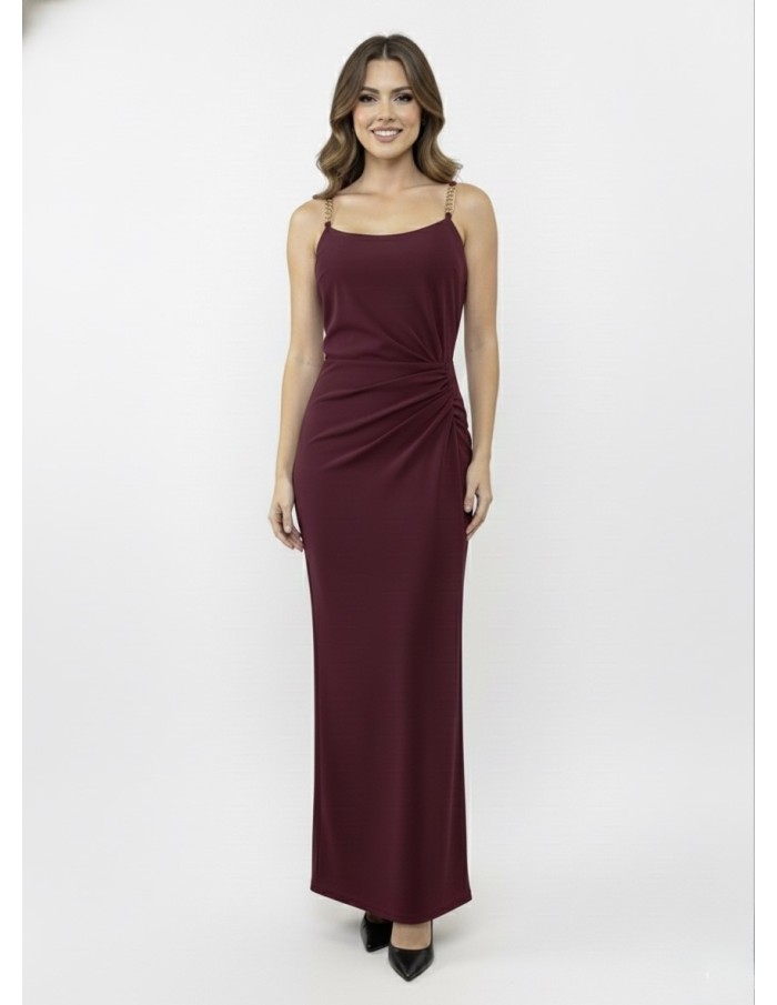 Robe Longue Bordeaux Bretelles Bijoux & Drapé - FEMME