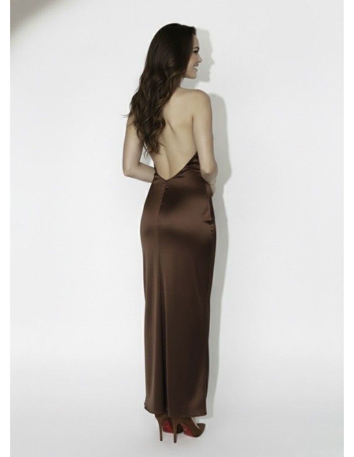 ROBE LONGUE SATINÉE MARRON COL DRAPÉ - FEMME