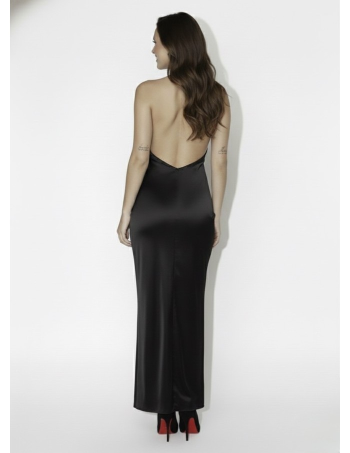 ROBE LONGUE SATINÉE NOIR COL DRAPÉ - FEMME