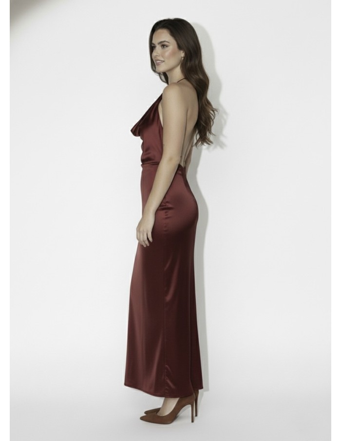 ROBE LONGUE SATINÉE BORDEAUX COL DRAPÉ - FEMME