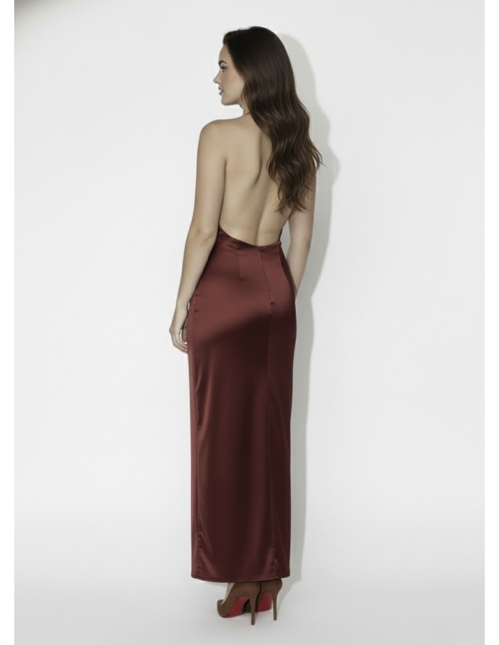 ROBE LONGUE SATINÉE BORDEAUX COL DRAPÉ - FEMME