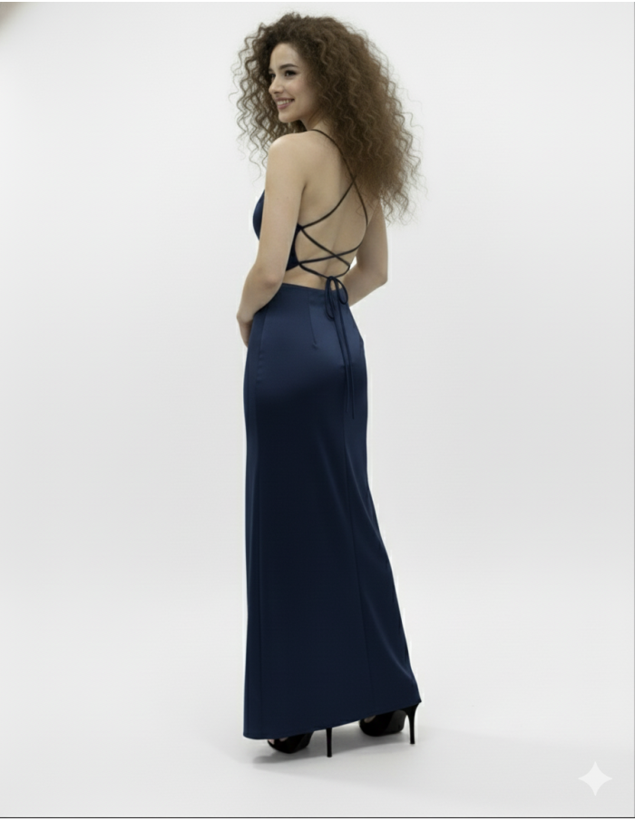 ROBE LONGUE BLEU MARINE À BRETELLES – FEMME