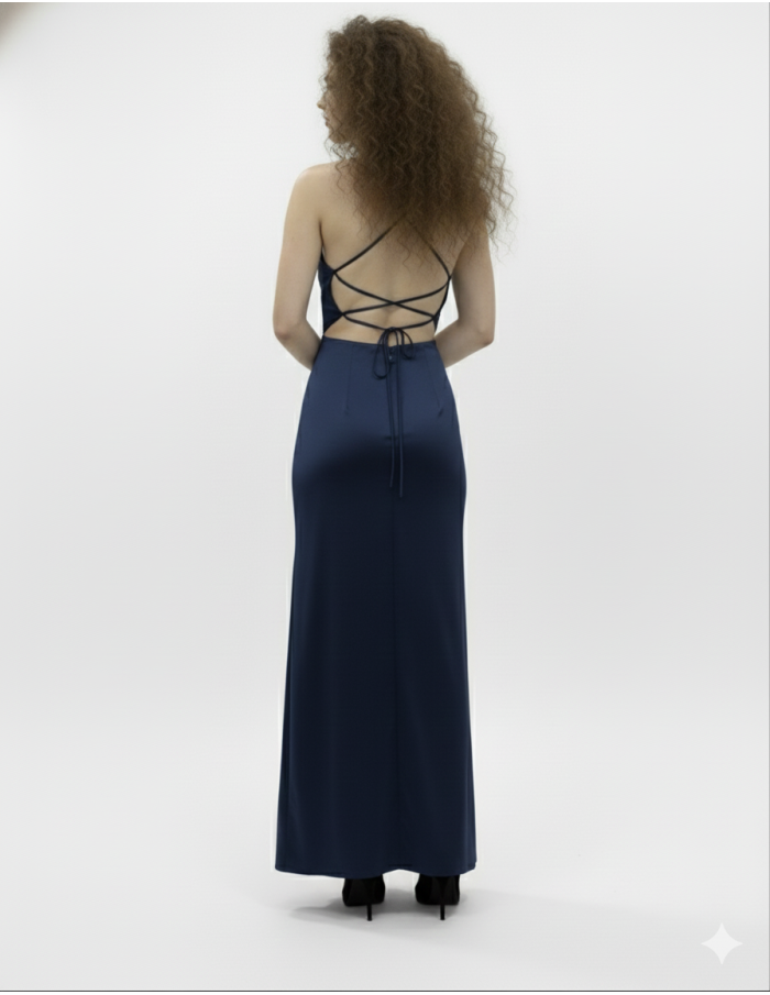 ROBE LONGUE BLEU MARINE À BRETELLES – FEMME