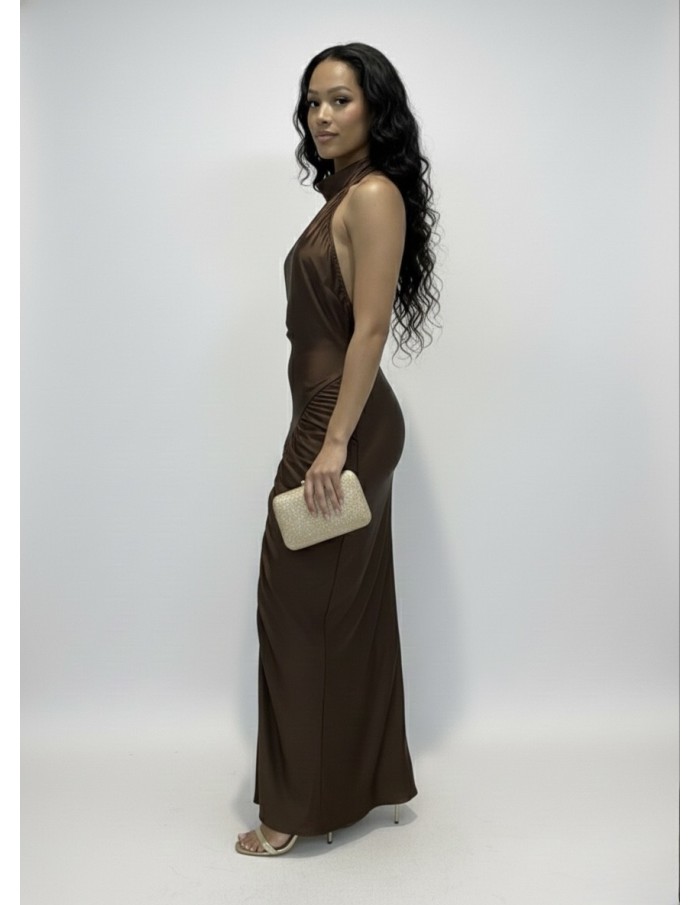Robe Longue Marron Col Montant & Drapé Sculptant - FEMME
