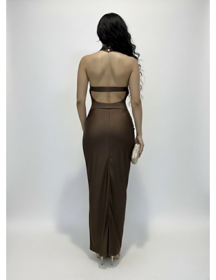 Robe Longue Marron Col Montant & Drapé Sculptant - FEMME