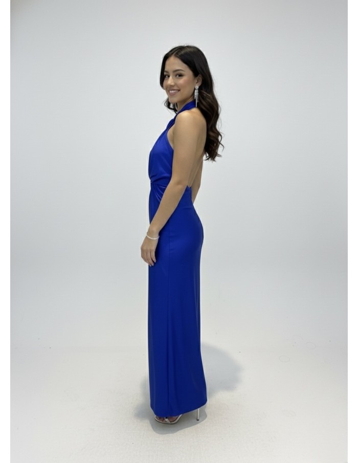 Robe Longue Bleue Royale Col Croisé & Détail Noué - Femme