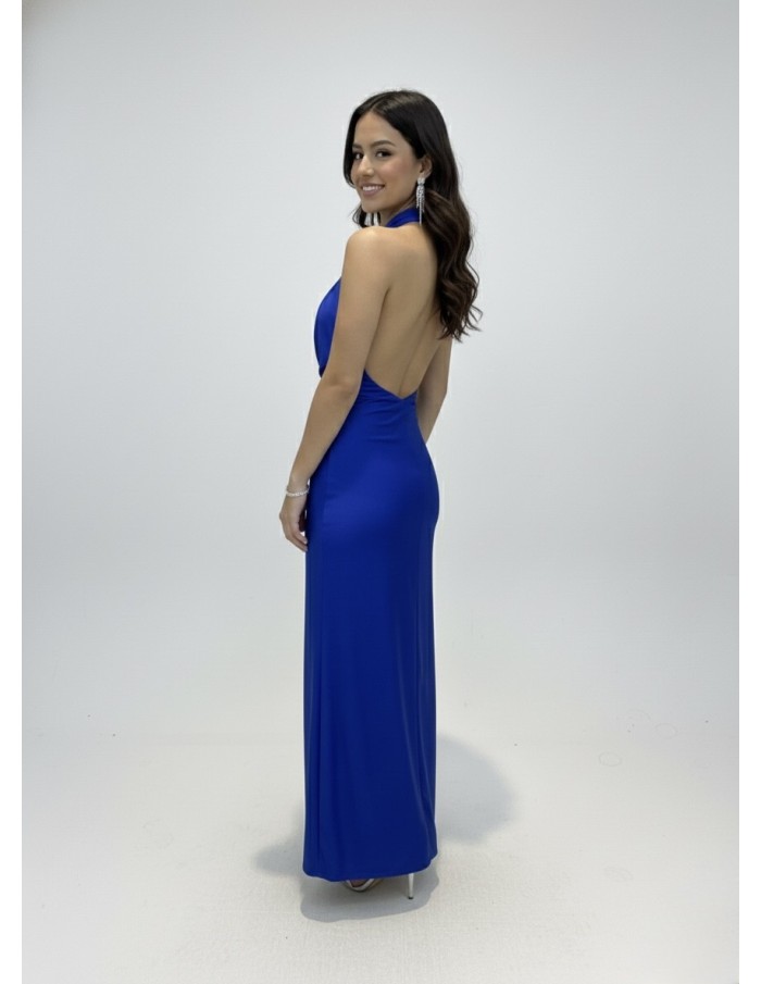 Robe Longue Bleue Royale Col Croisé & Détail Noué - Femme