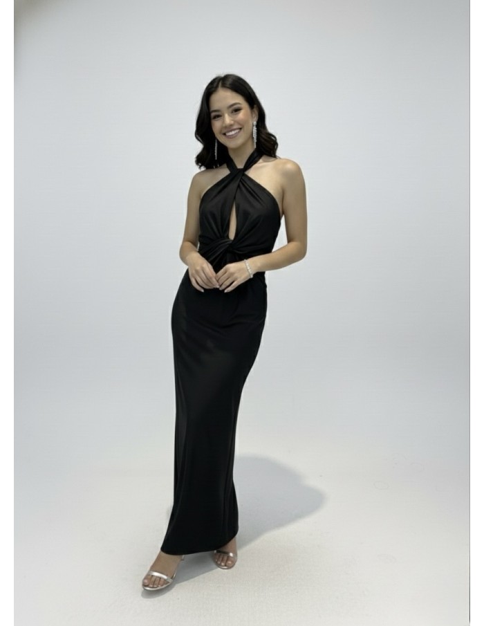 ROBE LONGUE NOIR COL CROISÉ & DÉTAIL NOUÉ - FEMME