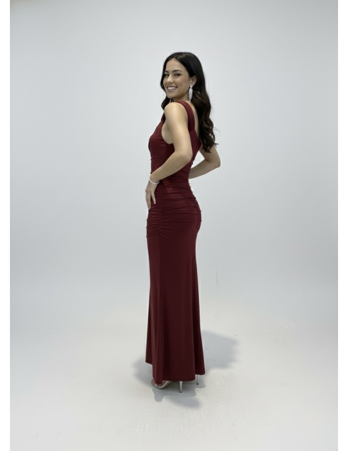 Robe Longue Bordeaux Épaule Asymétrique & Drapé Élégant - FEMME