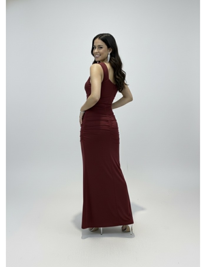 Robe Longue Bordeaux Épaule Asymétrique & Drapé Élégant - FEMME