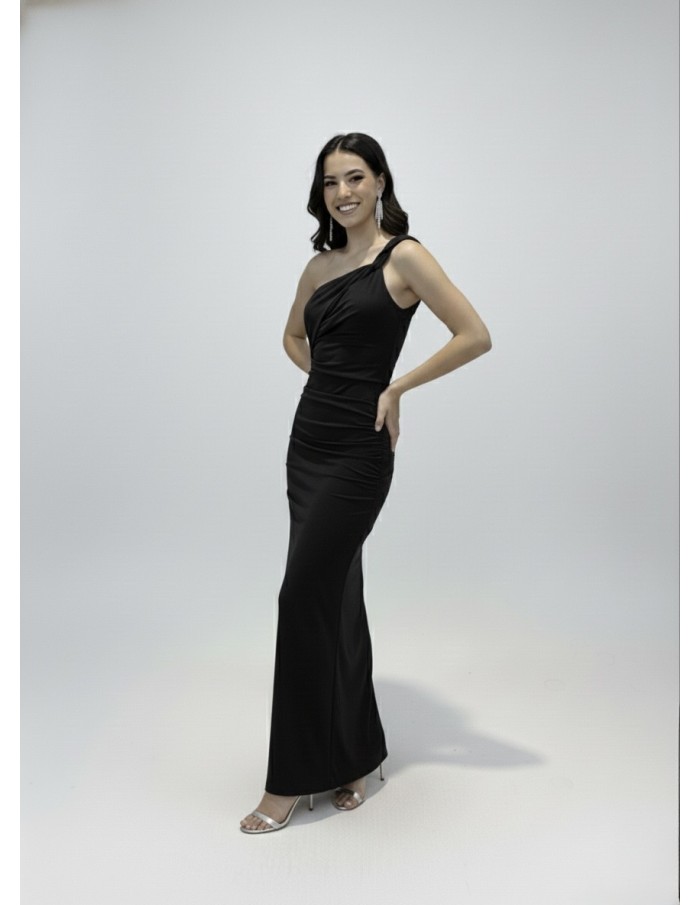 ROBE LONGUE NOIR ÉPAULE ASYMÉTRIQUE & DRAPÉ ÉLÉGANT - FEMME