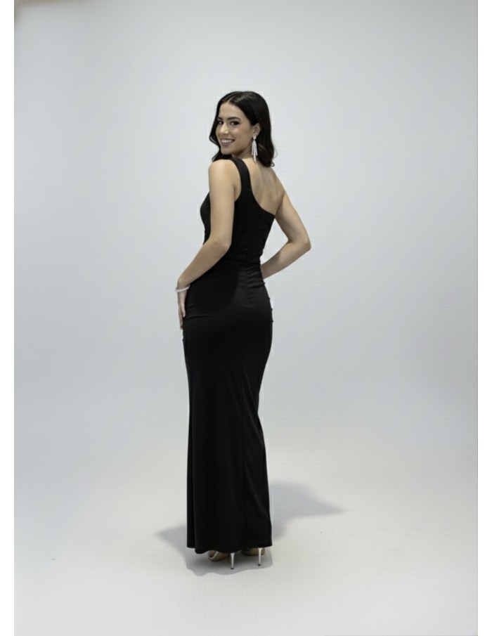 ROBE LONGUE NOIR ÉPAULE ASYMÉTRIQUE & DRAPÉ ÉLÉGANT - FEMME