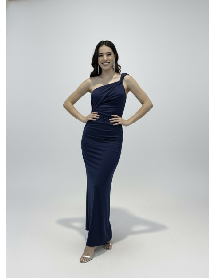 ROBE LONGUE BLEU MARINE ÉPAULE ASYMÉTRIQUE & DRAPÉ ÉLÉGANT - FEMME