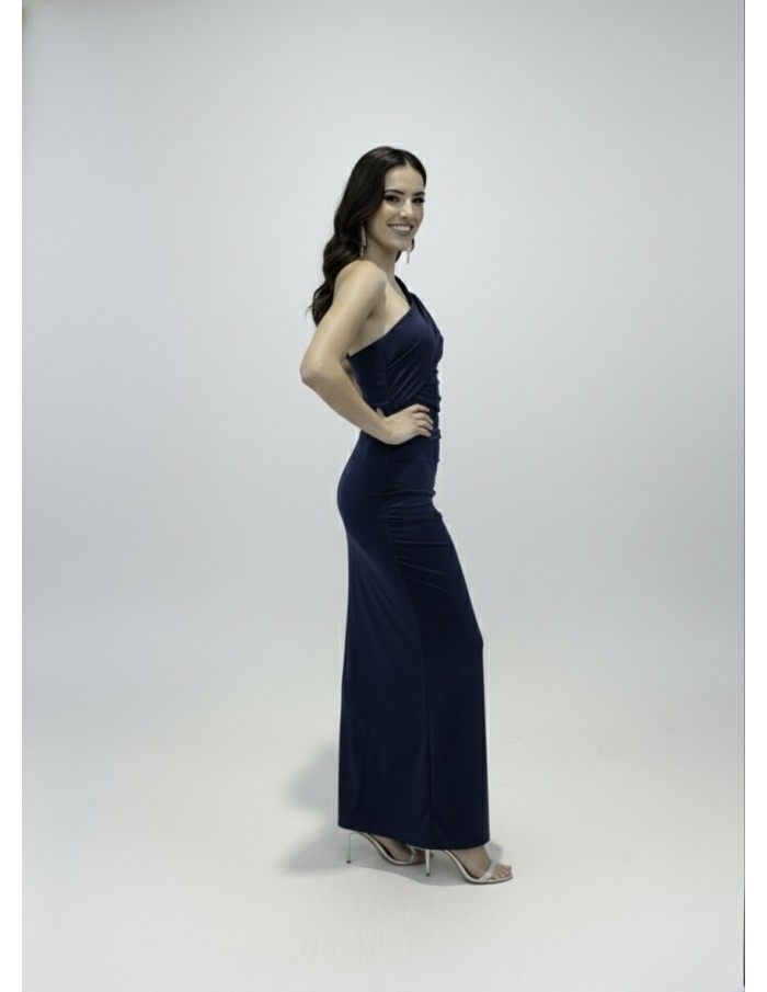 ROBE LONGUE BLEU MARINE ÉPAULE ASYMÉTRIQUE & DRAPÉ ÉLÉGANT - FEMME