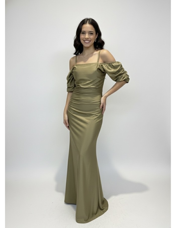 ROBE LONGUE KAKI À BRETELLES MANCHES COURTES BOUFFANTES - FEMME