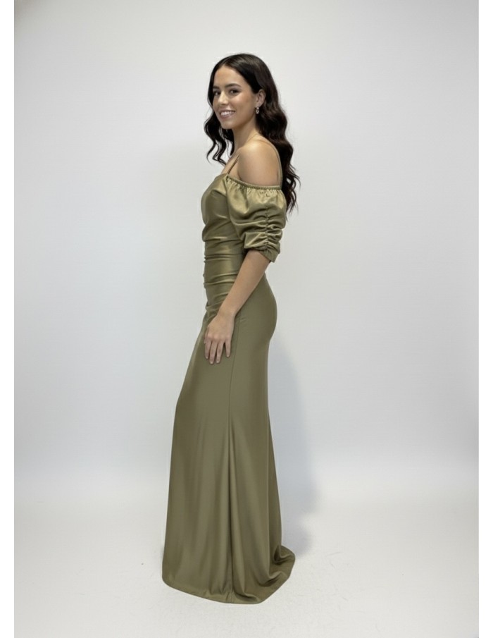 ROBE LONGUE KAKI À BRETELLES MANCHES COURTES BOUFFANTES - FEMME
