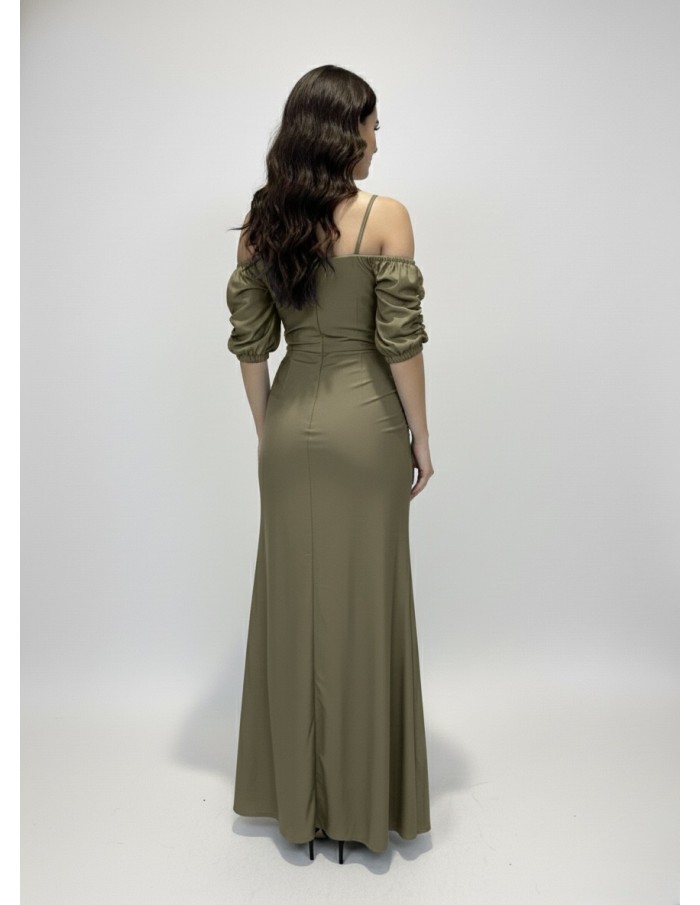 ROBE LONGUE KAKI À BRETELLES MANCHES COURTES BOUFFANTES - FEMME