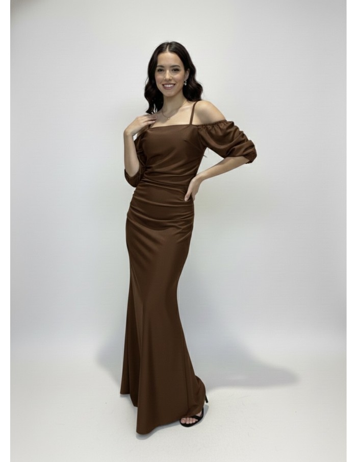 ROBE LONGUE MARRON FONCÉ À BRETELLES MANCHES COURTES BOUFFANTES - FEMME