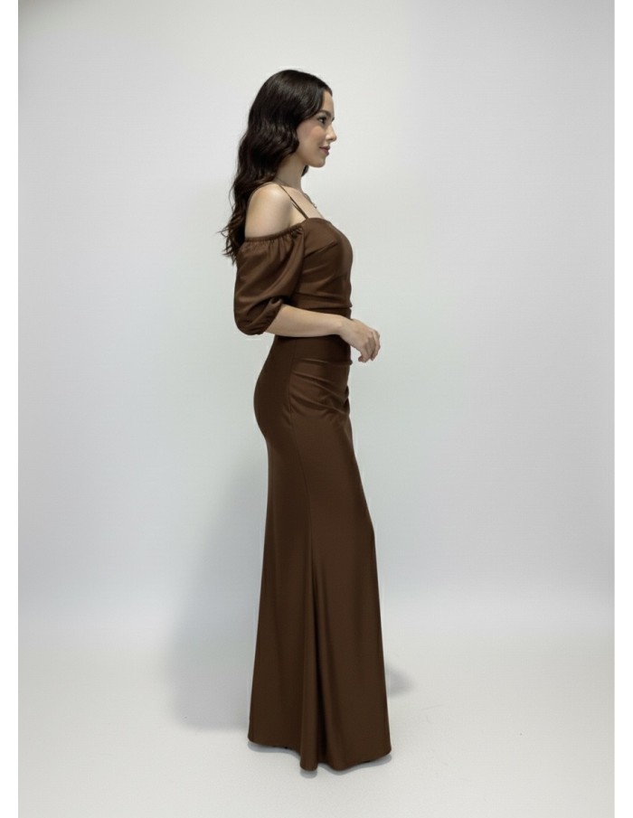 ROBE LONGUE MARRON FONCÉ À BRETELLES MANCHES COURTES BOUFFANTES - FEMME