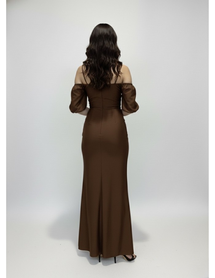 ROBE LONGUE MARRON FONCÉ À BRETELLES MANCHES COURTES BOUFFANTES - FEMME
