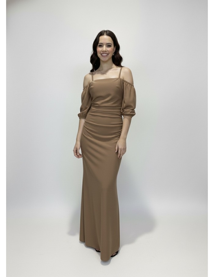 ROBE LONGUE MARRON CLAIR À BRETELLES MANCHES COURTES BOUFFANTES - FEMME