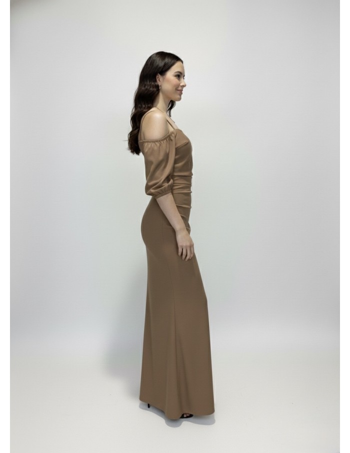 ROBE LONGUE MARRON CLAIR À BRETELLES MANCHES COURTES BOUFFANTES - FEMME