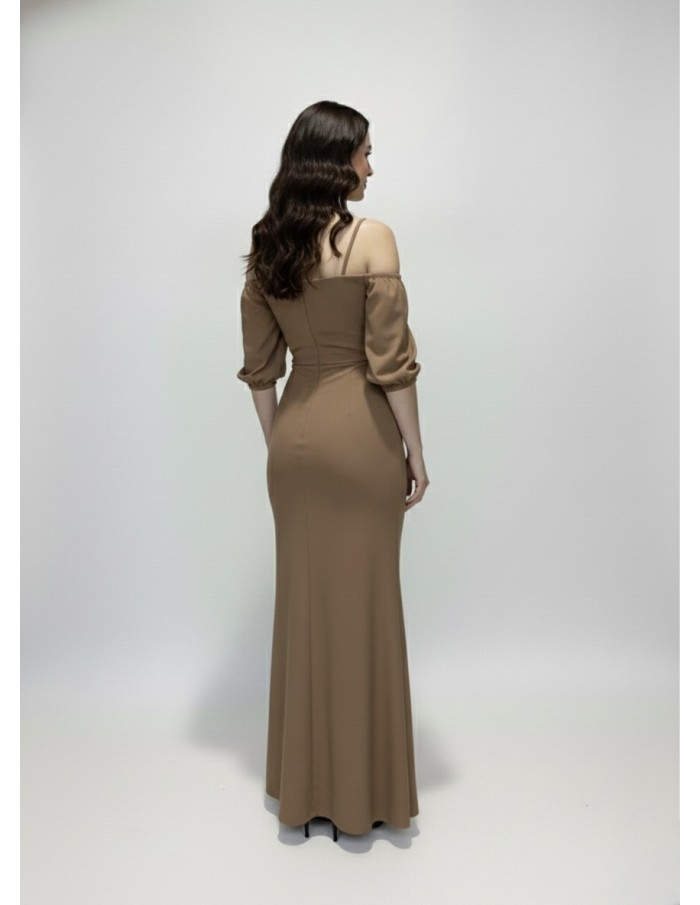 ROBE LONGUE MARRON CLAIR À BRETELLES MANCHES COURTES BOUFFANTES - FEMME
