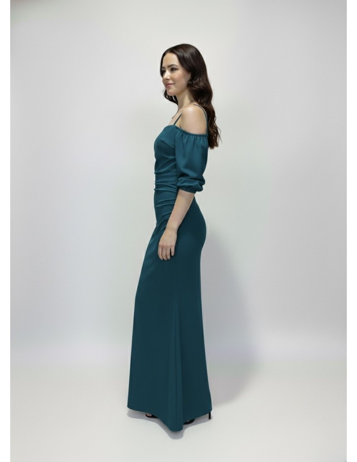 ROBE LONGUE BLEU À BRETELLES MANCHES COURTES BOUFFANTES - FEMME