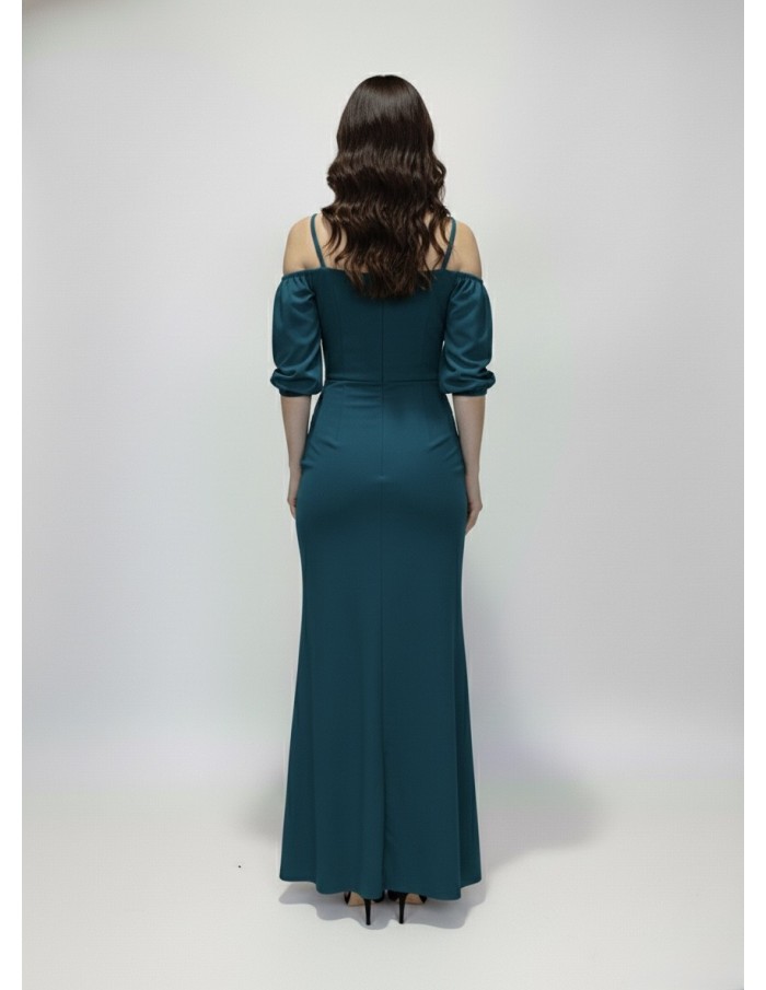 ROBE LONGUE BLEU À BRETELLES MANCHES COURTES BOUFFANTES - FEMME