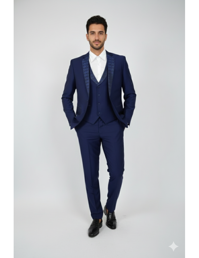Costume 3 pièces col à motif bleu marine - homme - Accueil