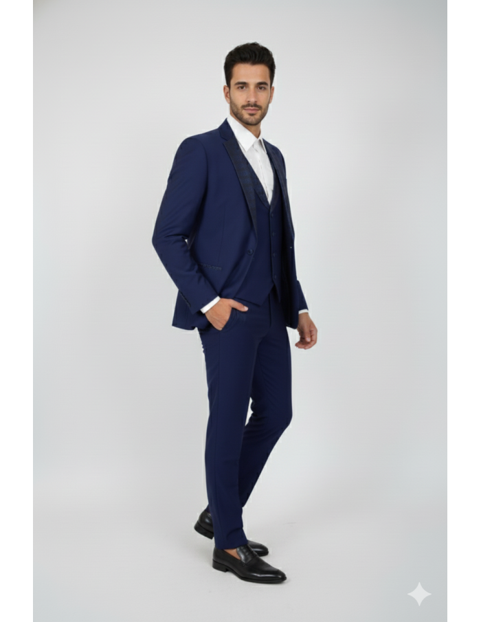 Costume 3 pièces col à motif bleu marine - homme - Accueil