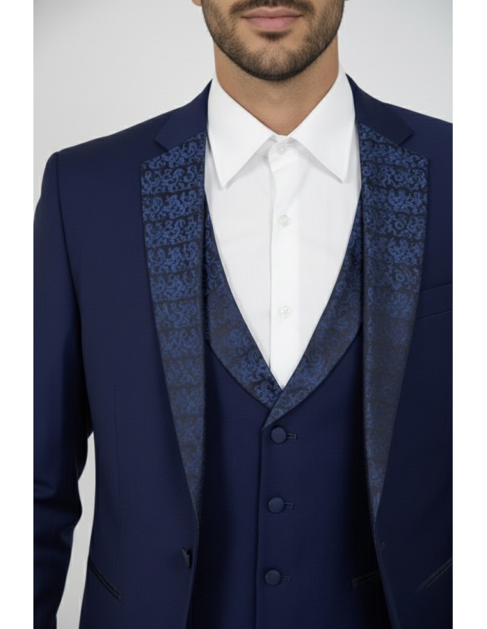 Costume 3 pièces col à motif bleu marine - homme - Accueil