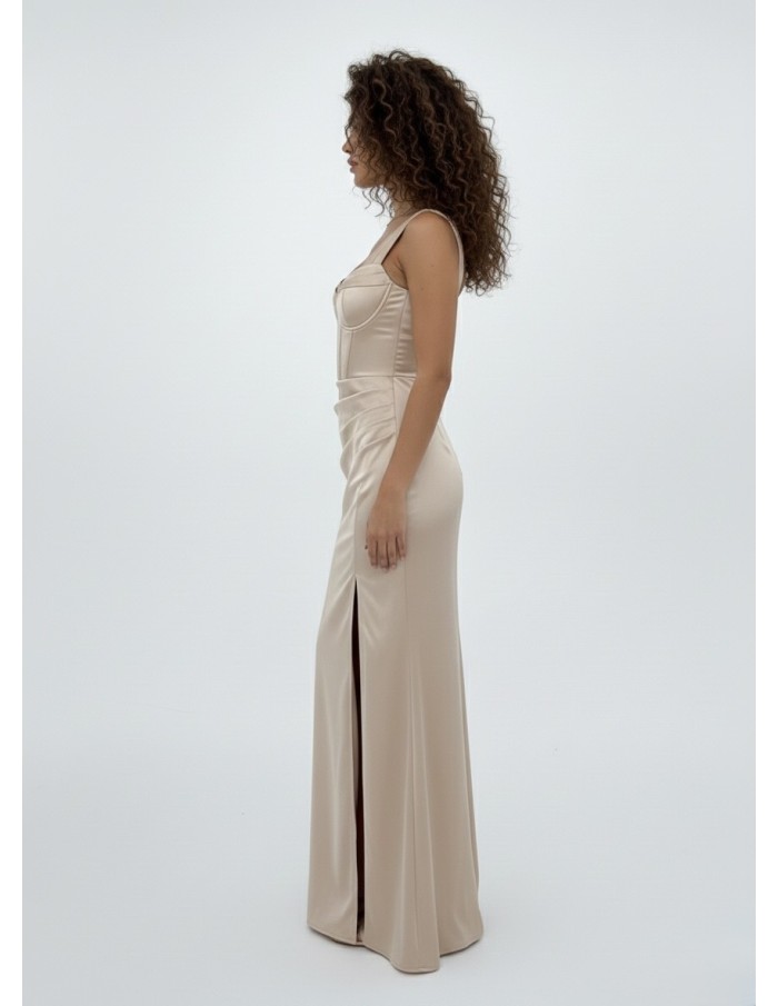 ROBE LONGUE SATINÉE TAUPE CORSET AJUSTÉ - FEMME